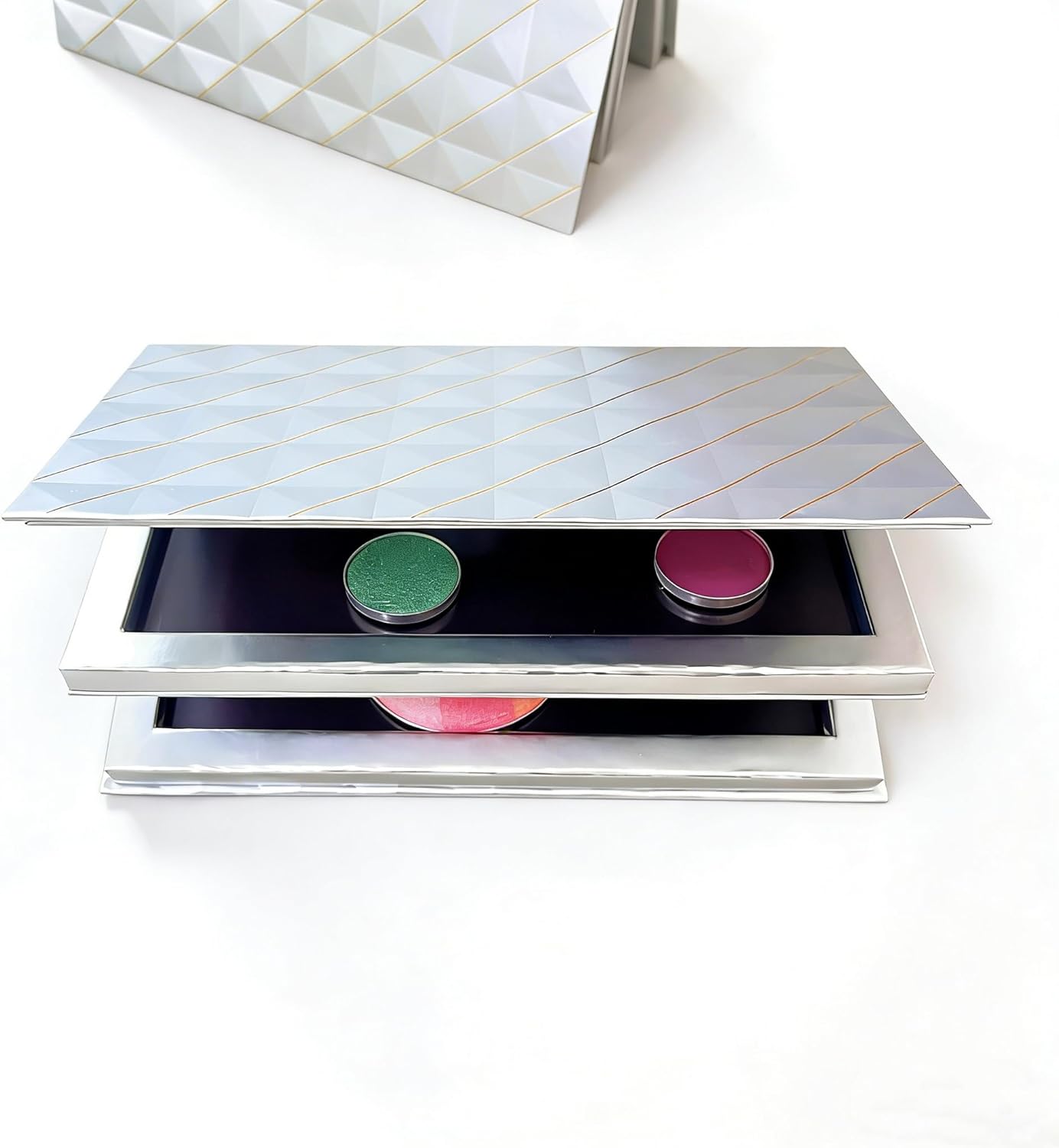 Magnetic Eyeshadow Palette - 2-Layer Silver & Gold Foil Design | Portable Makeup Storage Case with Mirror & 20 Adhesive Stickers, 7.48 x 4.33 Inch