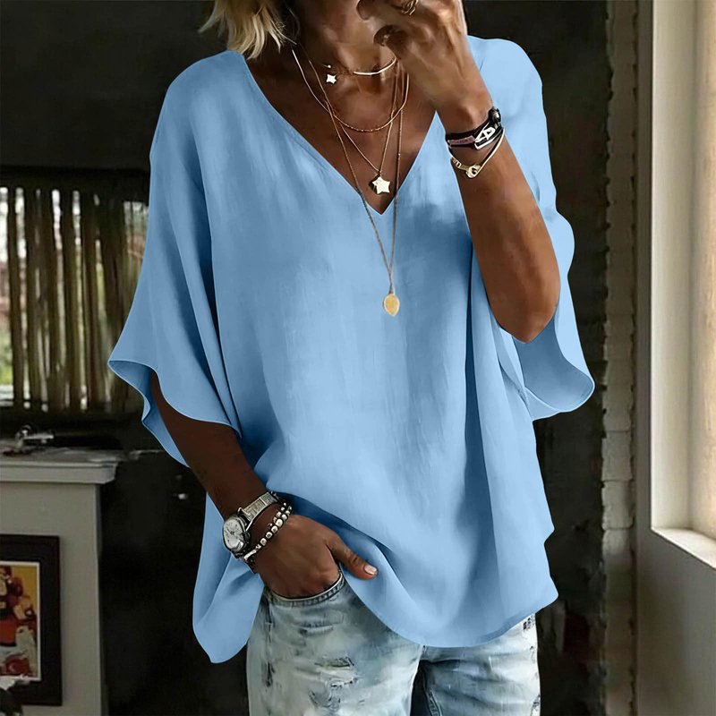 Summer Tops for Women Cotton Linen Petal Short Sleeve Blouse Loose Fit V Neck Casual Flowy Shirt Beach Vacation Tees