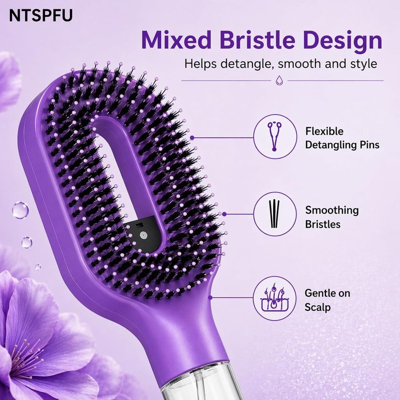 Misting Hair Brush - 2-in-1 Detangling Hairbrush with Spray & Refillable Reservoir | Anti-Frizz for Curly & Thick Hair (Purple)