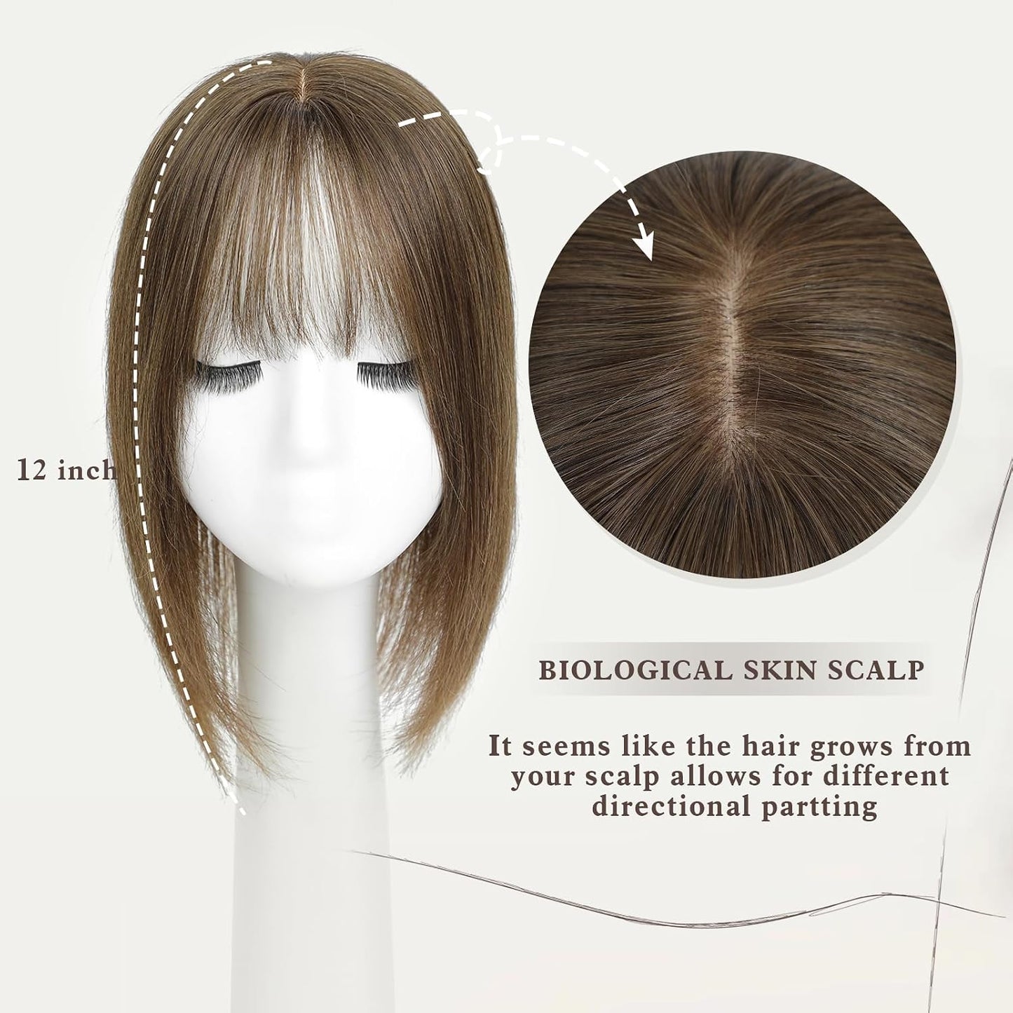 Aimeolyn Hair Toppers for Women - Real Human Hair 12-Inch Wiglet with Bangs for Thinning Hair | Big Base Scalp Coverage