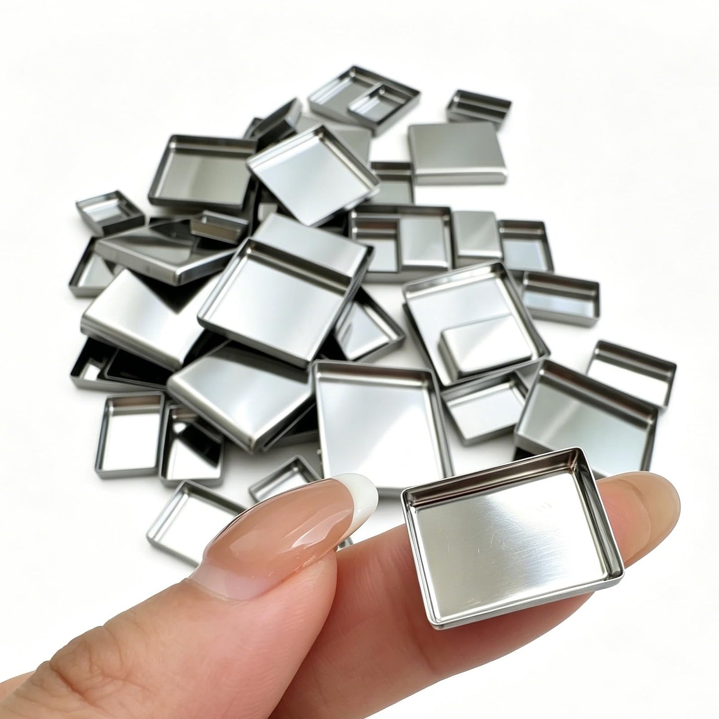 50 Pack Empty Metal Pans for Magnetic Makeup Palette, 20 Medium Square (1") & 30 Small Rectangular (9/16" x 3/4") Silver Tin Refills, Responsive to Magnets for DIY Eyeshadow, Blush, Lipstick Depotting
