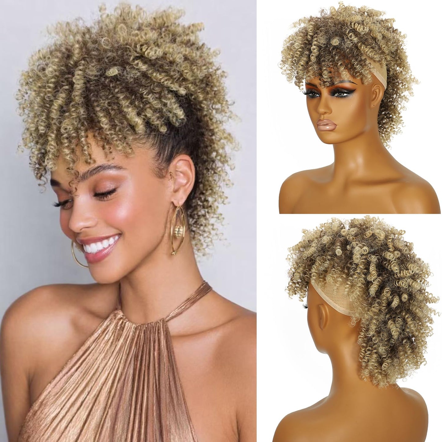 Kinky Curly Mohawk Wig - Natural Black & Brown Blonde Ponytail Extension | Short Synthetic Clip-In with Bangs & Fluffy Hair for Parties