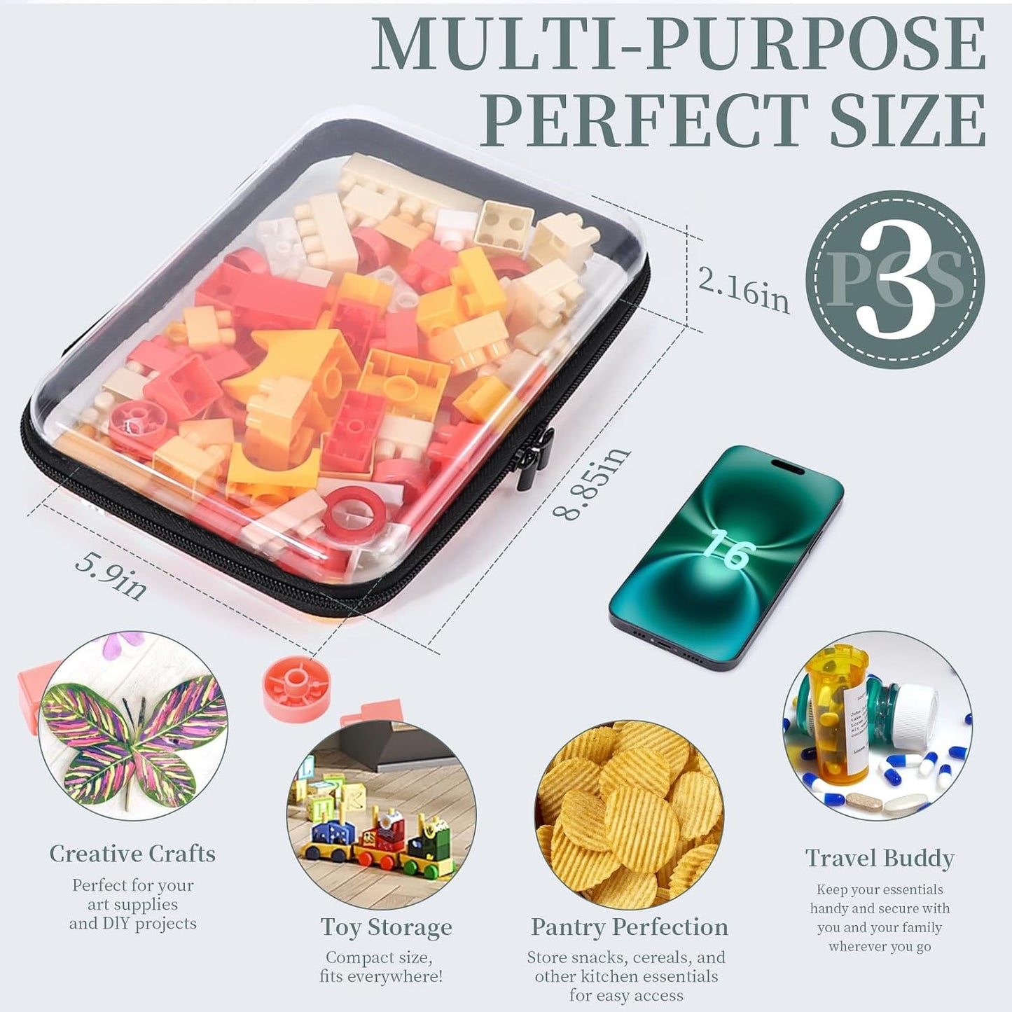 Clear Hard Shell Zipper Case - 3 Pack Waterproof Makeup Organizer | Medium Size Black Travel Toiletry Bag