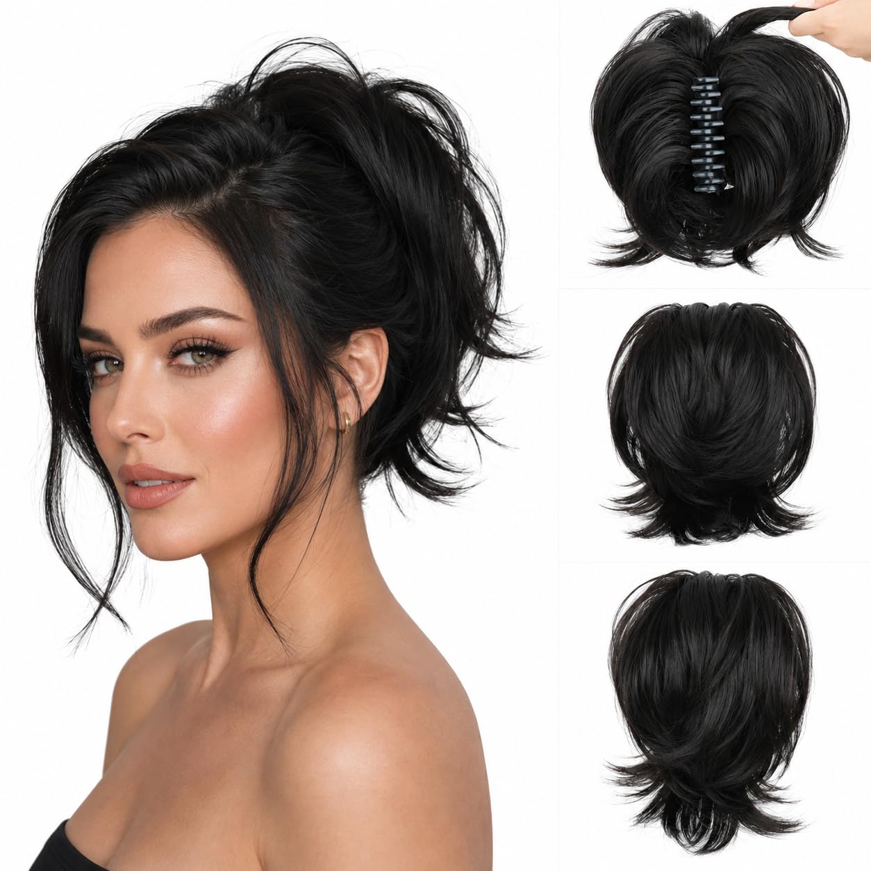 Claw Clip Ponytail Extension - Short Messy Hair Bun for Thin Hair | Straight Synthetic Hair, Easy Updo in Brown