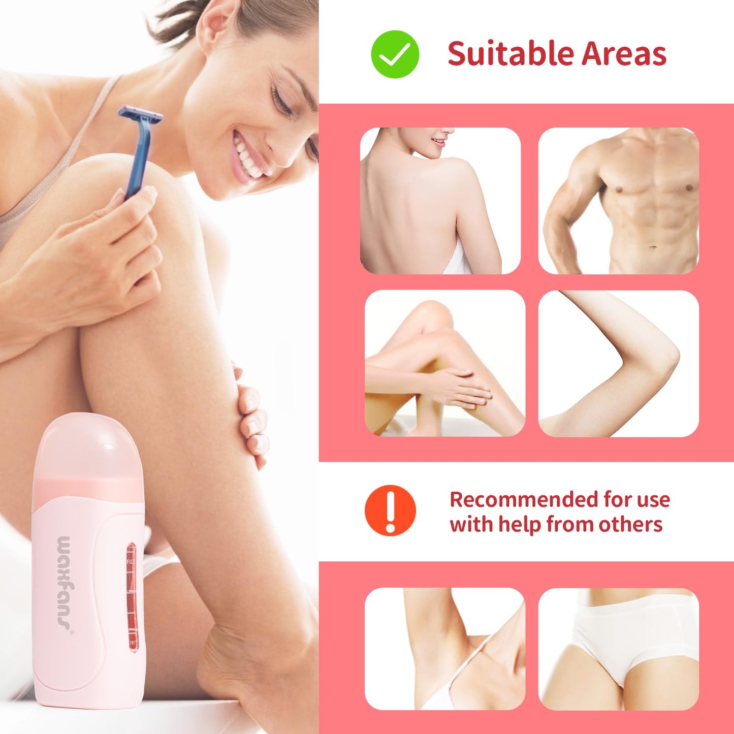 Waxfans Roll On Wax Kit, Wax Roller Kit, Waxing Kit for Women & Men,Cera Para Depilar for Home Hair Removal on Body and Legs, with 2 Wax Refills (Honey & Rose) & 50 Pcs Wax Strips, Easy & Smooth, Pink
