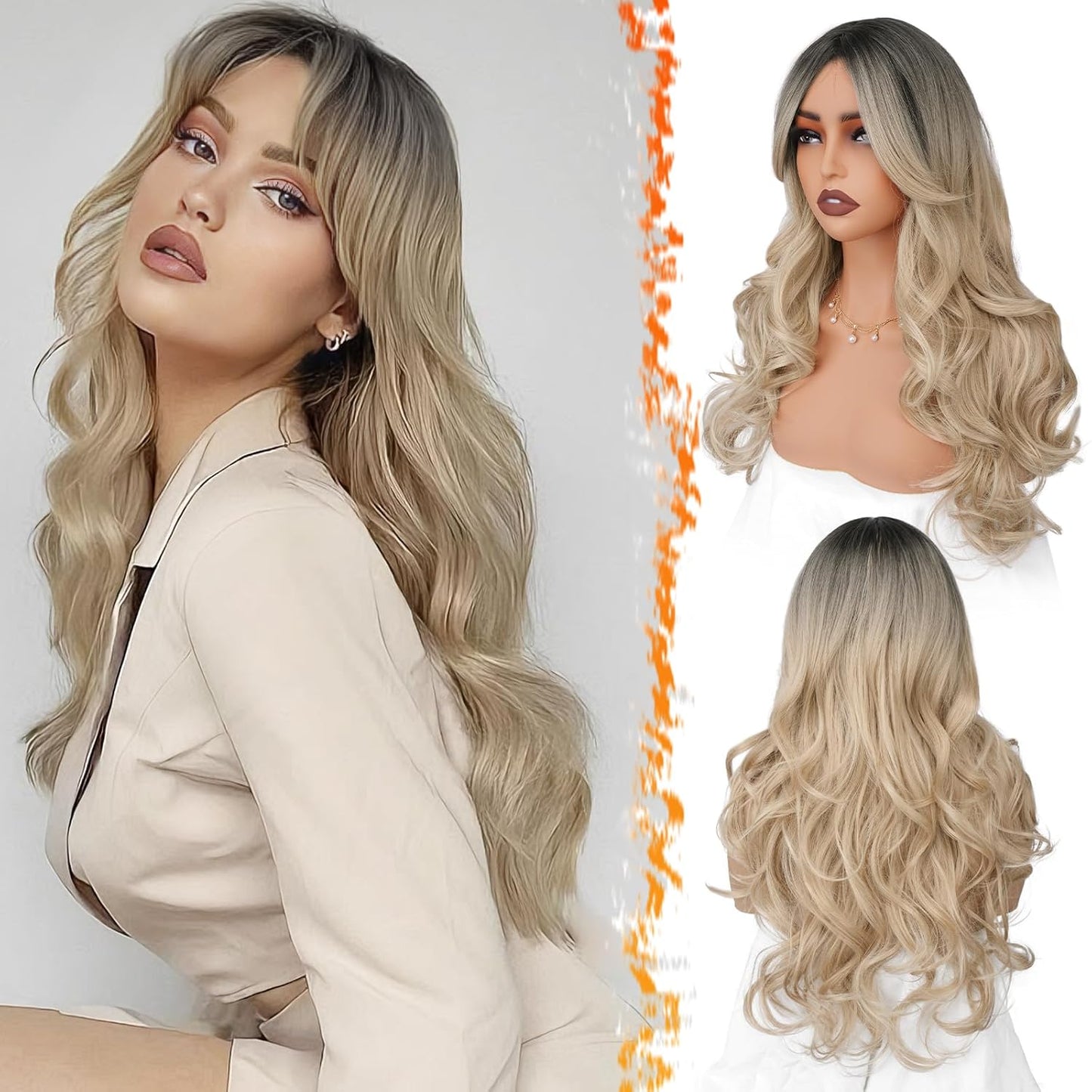 Long Wavy Blonde Curtain Bangs Wig - 26" Synthetic Ombre Wig with Dark Roots | Soft Natural Look