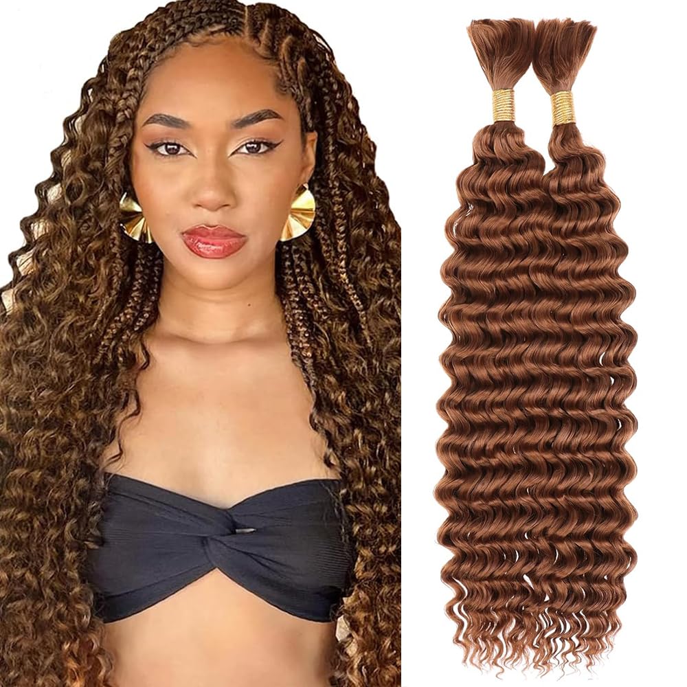 #30 Boho Human Hair for Braiding Light Brown Deep Wave Boho Braids Human Braiding Hair 16 16 Inch 100g No Weft Deep Curly 2 Bundles for Knotless Braids