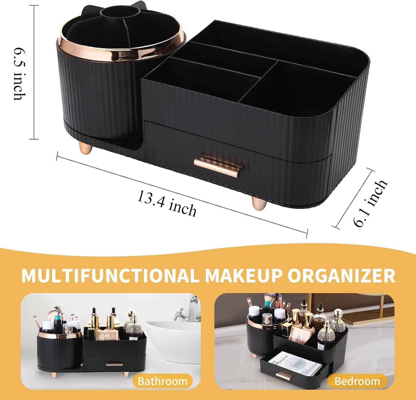 Makeup Organizer - 360 Rotating Brush Holder with Drawer | Large Capacity Skincare & Cosmetic Storage - Black