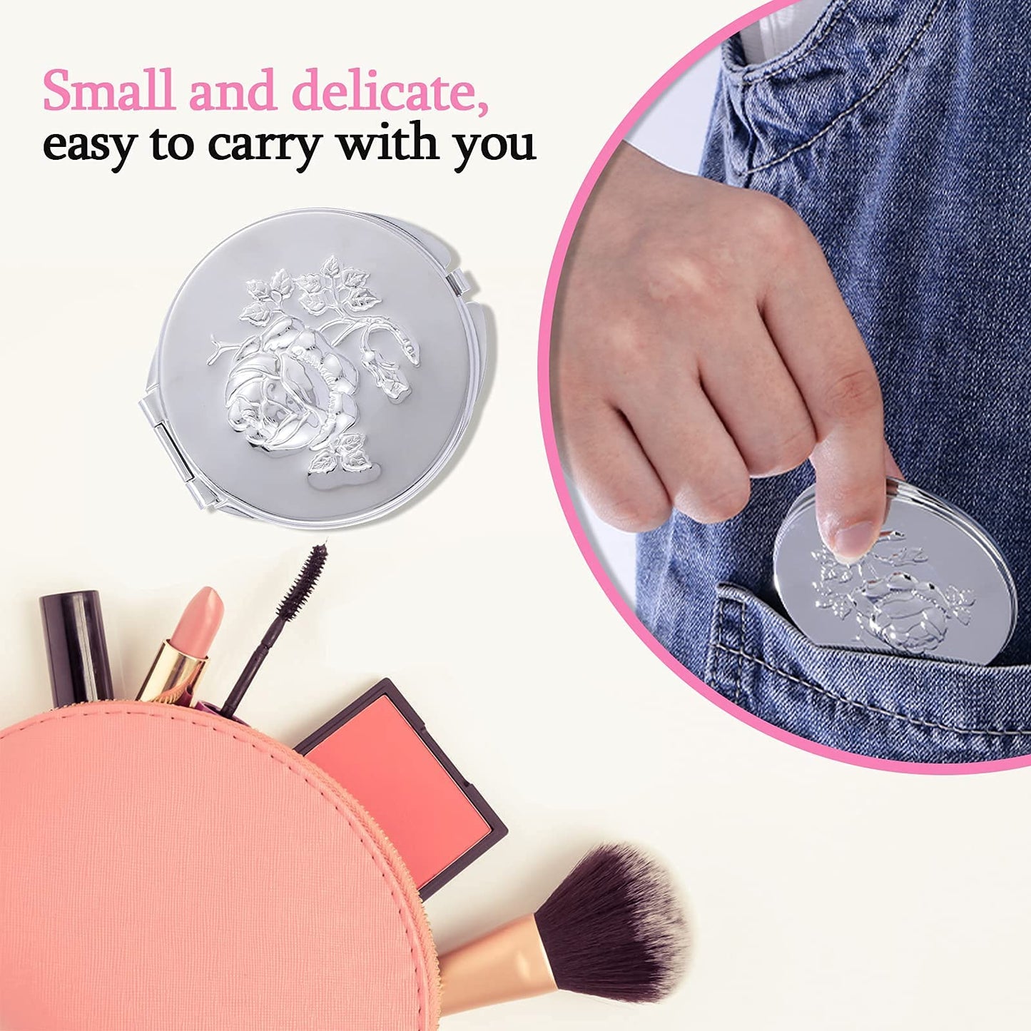 Goshentech Retro Metal Travel Portable Mirror Compact Mirror Make up Mirror 1x/2x Magnification Compact &Portable Foldable (Silver)