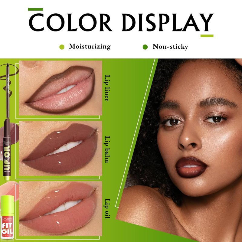 Dark Brown Lip Liner & Gloss Set - Moisturizing Lip Balm Oil for Plump, Non-Sticky Finish | Lightweight Tinted Lip Makeup