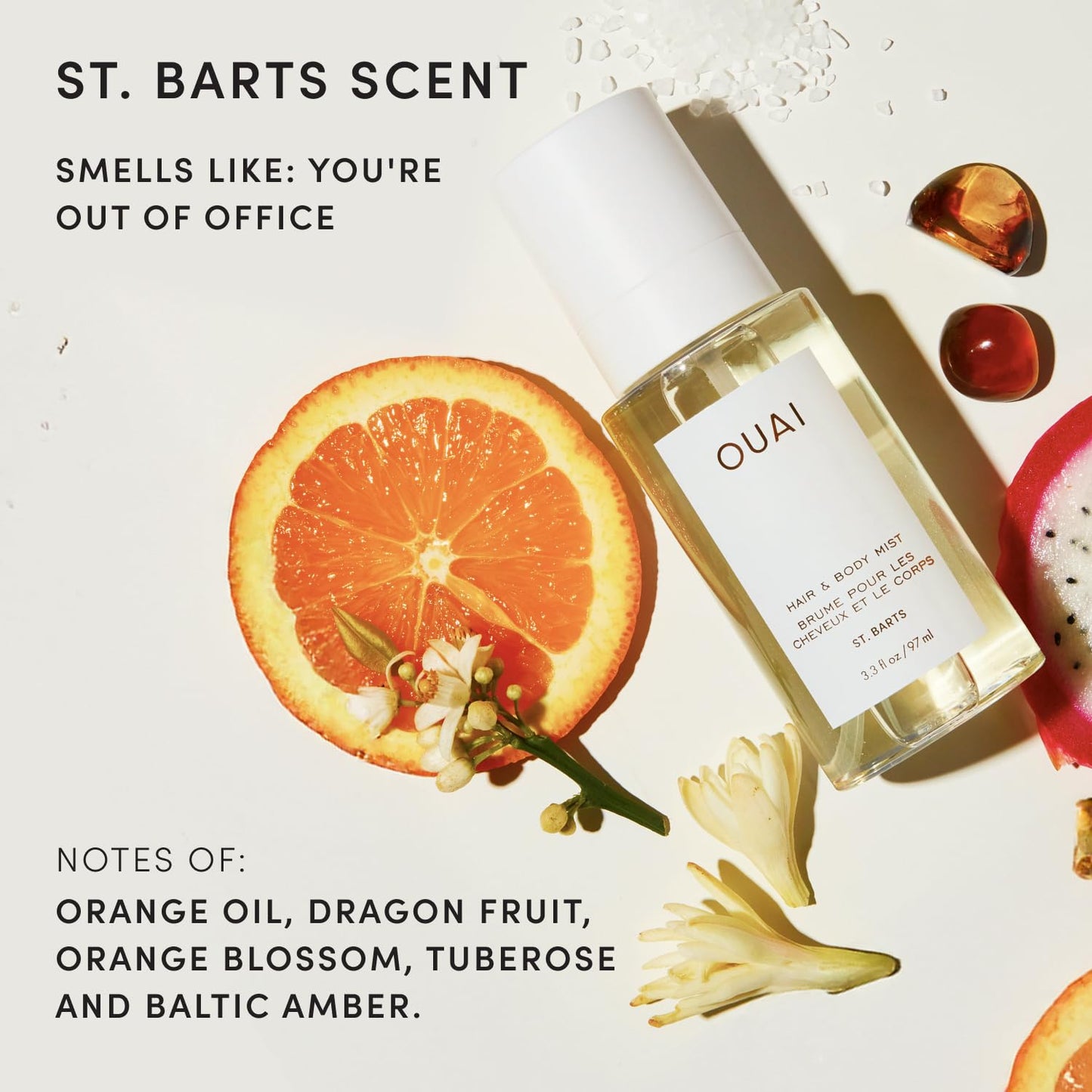 OUAI St. Barts Hair and Body Mist - Tropical Hair Perfume & Body Spray with Dragonfruit, Orange Blossom, Tuberose | 3.3 Fl Oz
