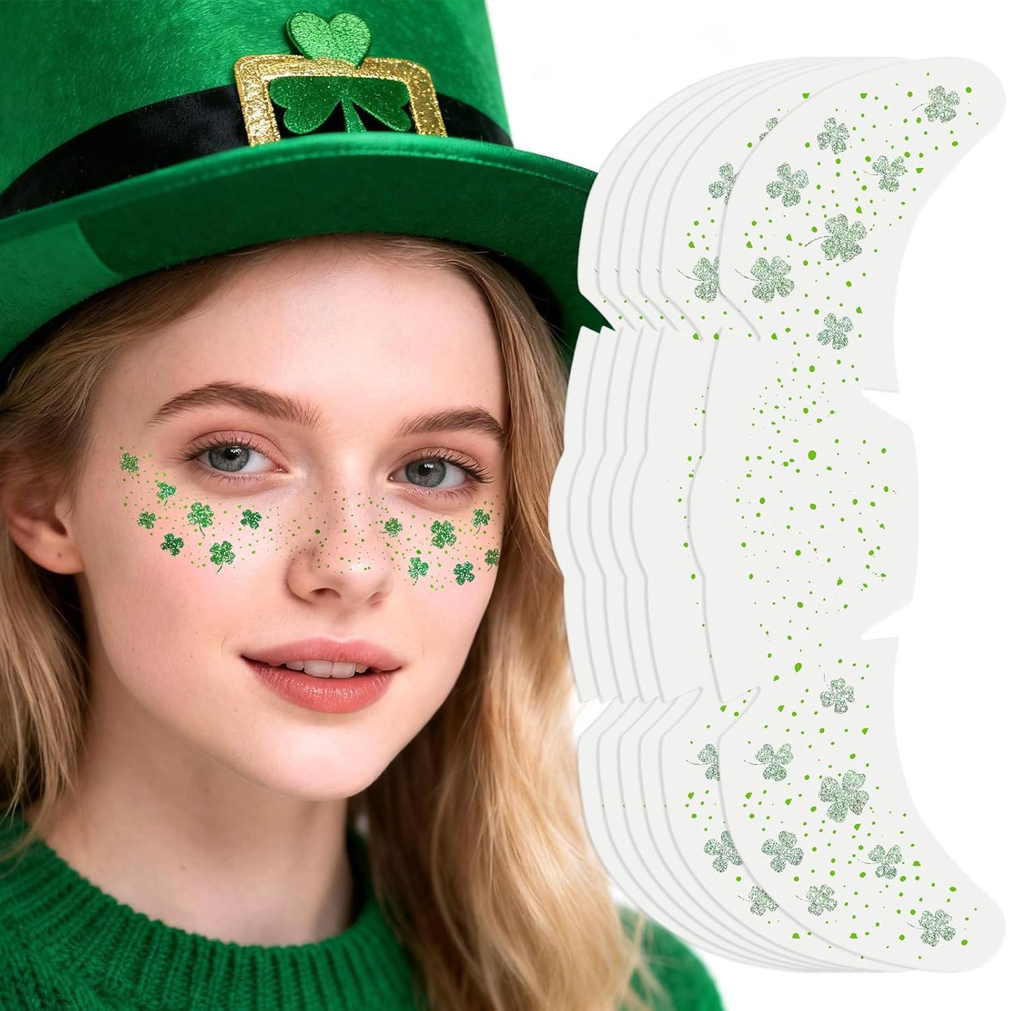 Shamrock Glitter Freckles Face Tattoos - St. Patrick's Day Accessories | 6 PCS Green Sparkle Stickers for Women & Kids