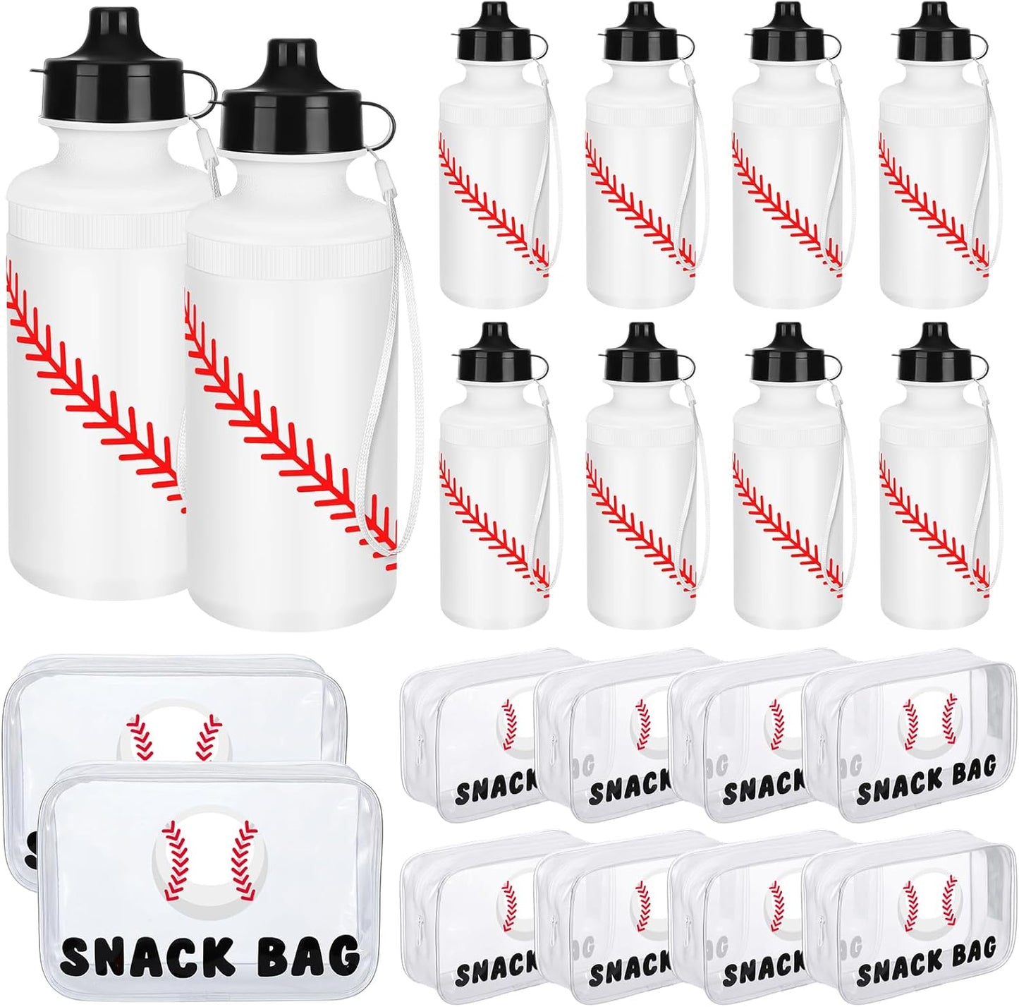 Reusable 20 oz Water Bottles Bulk - 8+8 Pcs Squeeze Plastic with Snack Bags | Clear PVC Waterproof Goodie Bags for Sports Parties