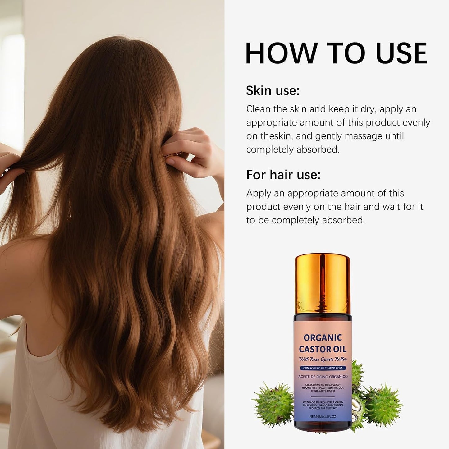 Organic Castor Oil Roll-On - 100% Pure Cold-Pressed for Hair Growth, Eyelashes & Skin Moisturization | 50ml with Rose Quartz