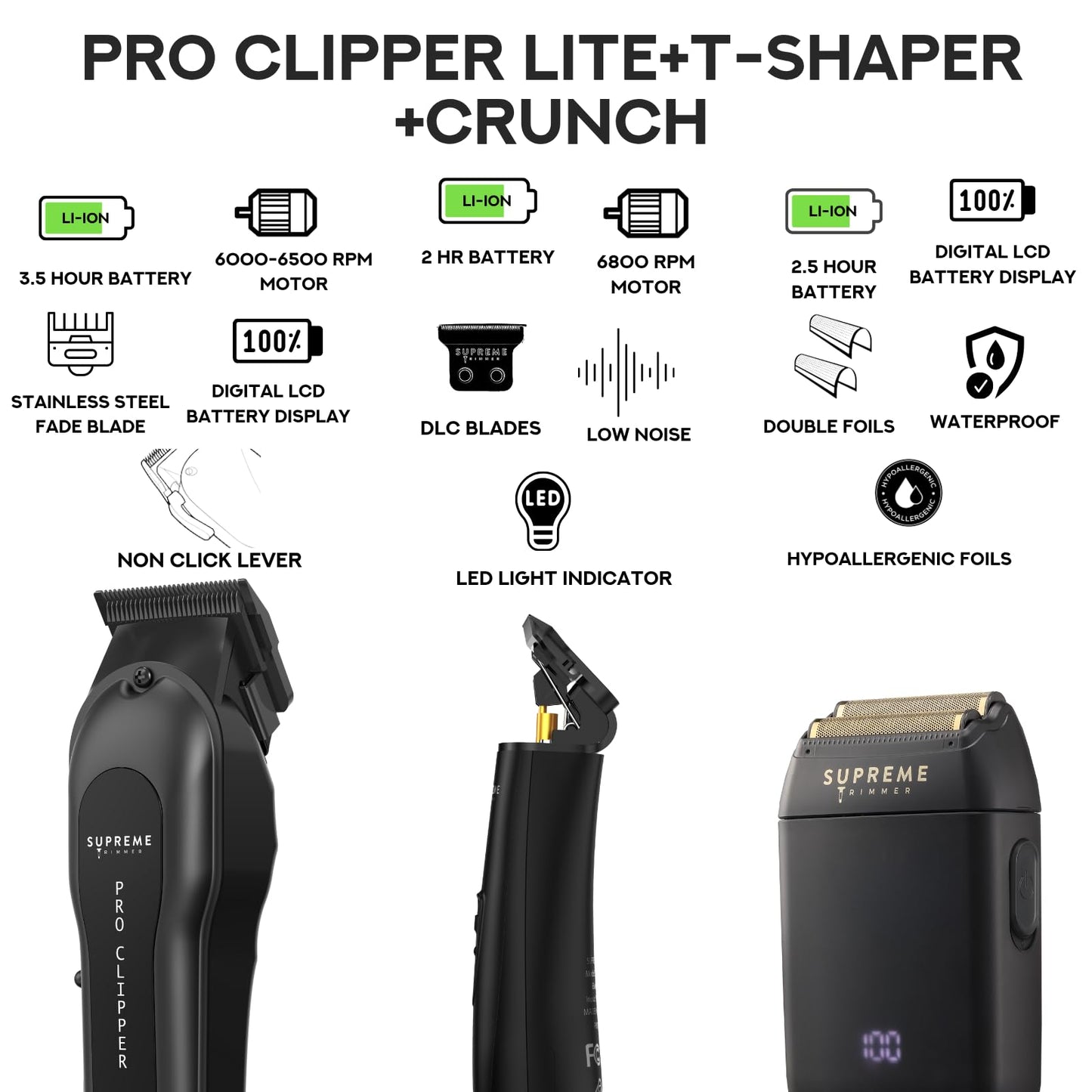 Supreme Trimmer 3-in-1 Barber Bundle | Pro Clipper, T-Shaper Trimmer & Crunch Foil Shaver | Professional Beard Trimmer Men’s Hair Clipper Kit | Gold