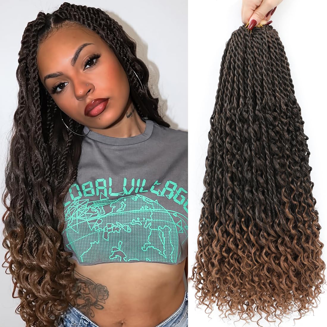 Goddess Twist Braids - Ombre Black Brown Crochet Hair Extensions | 14-Inch Curly Ends, 6 Packs for Black Women