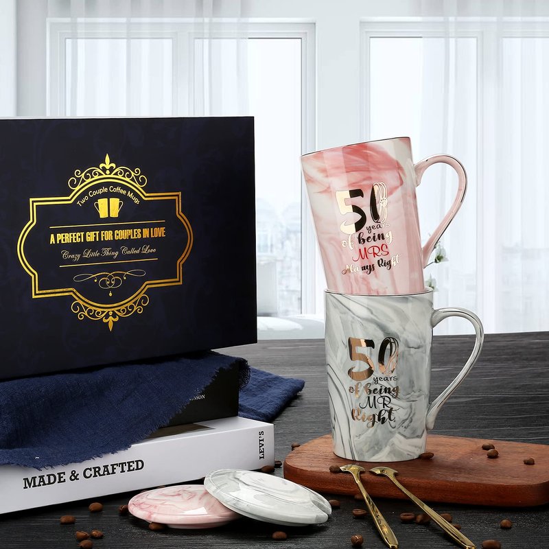 Sovyime 50 Years of Being Mr Right and Mrs Always Right Wedding Marriage Anniversary Cup for Couple Ceramic Marble Coffee Mugs - 14 Oz (50th Anniversary)