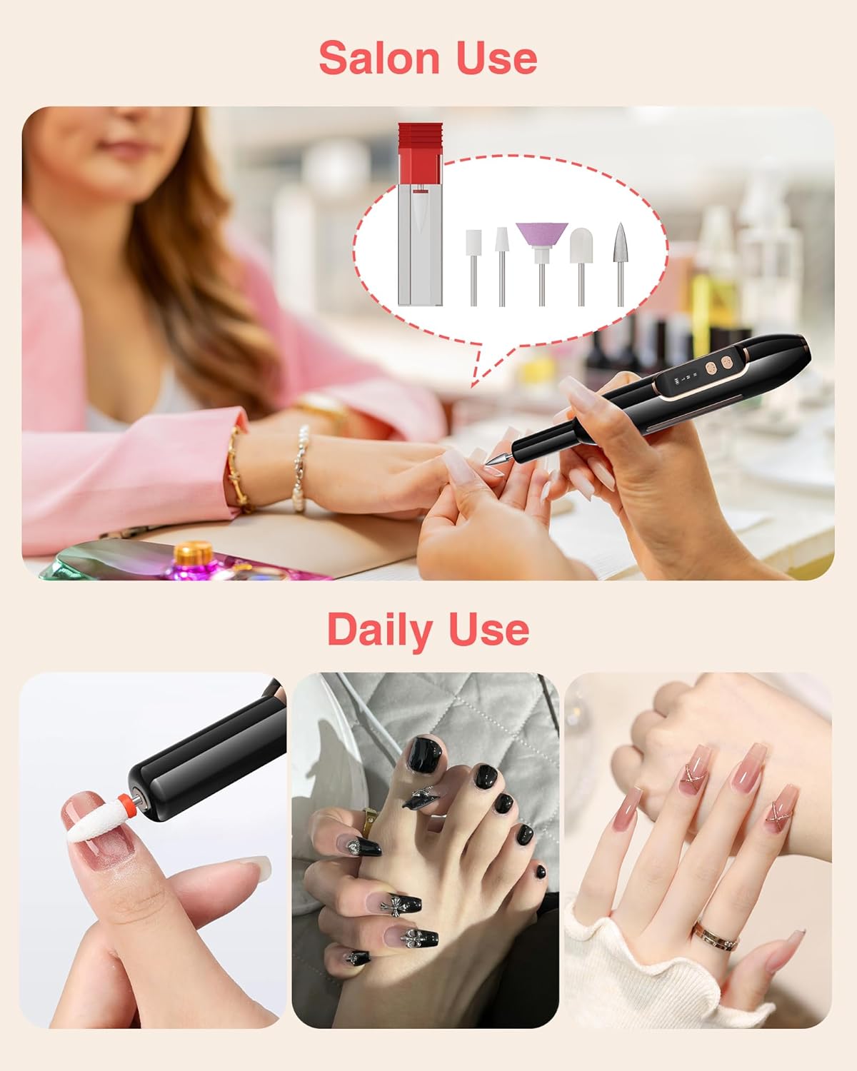 Electric Nail Drill - 2-in-1 Nail File & Makeup Brush Cleaner | Portable, Rechargeable, Ultra Low Noise, 1500 mAh Battery