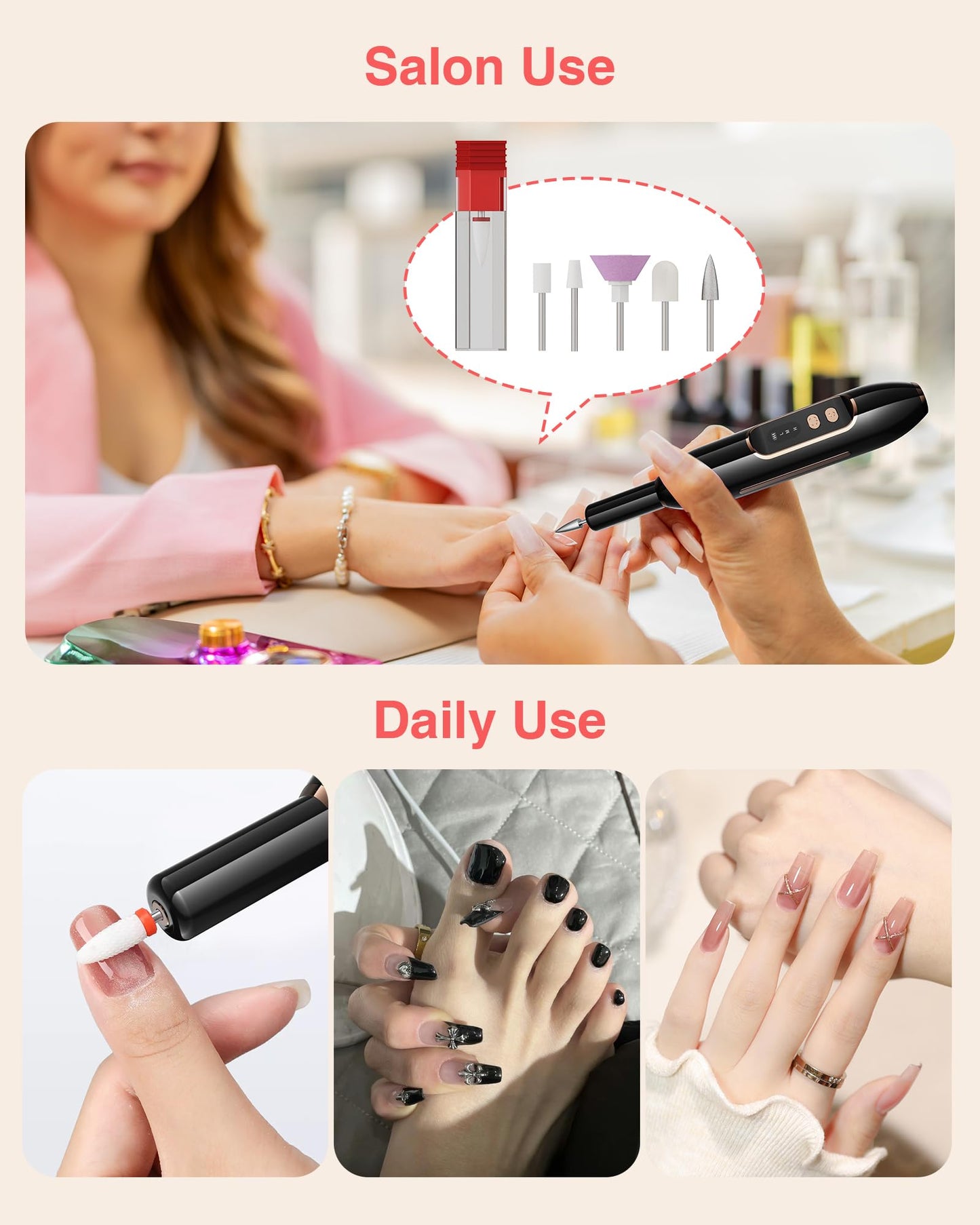 2-in-1 Nail Drill Electric Nail File with Makeup Brush Cleaner Machine (No Bowl), 1500 mAh Battery, Ultra Low Noise, Portable and Rechargeable for Travel & Home