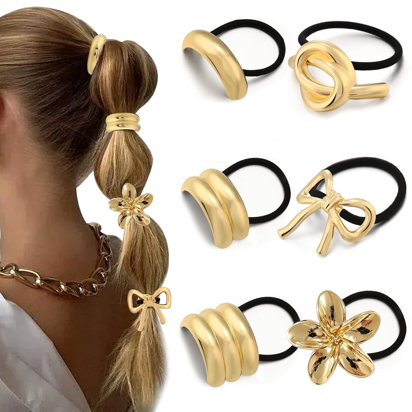 6Pcs Gold Hair Ties,Metal Hair Ties for Thick Hair,Damage Ponytail Holders,6 Styles Hair Accessories for Women