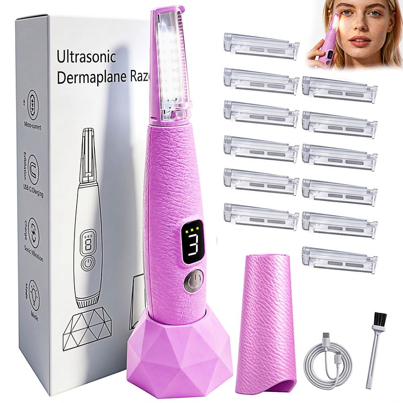 Sonic Smooth Dermaplane Razor for Women Face with 12 Refill Blades, Dermaplaning Tools for Peach Fuzz & Exfoliation, Eyebrow & Face Hair Remover,3 peeds,LED, Rechargeable Dermaplane Razor,Pink