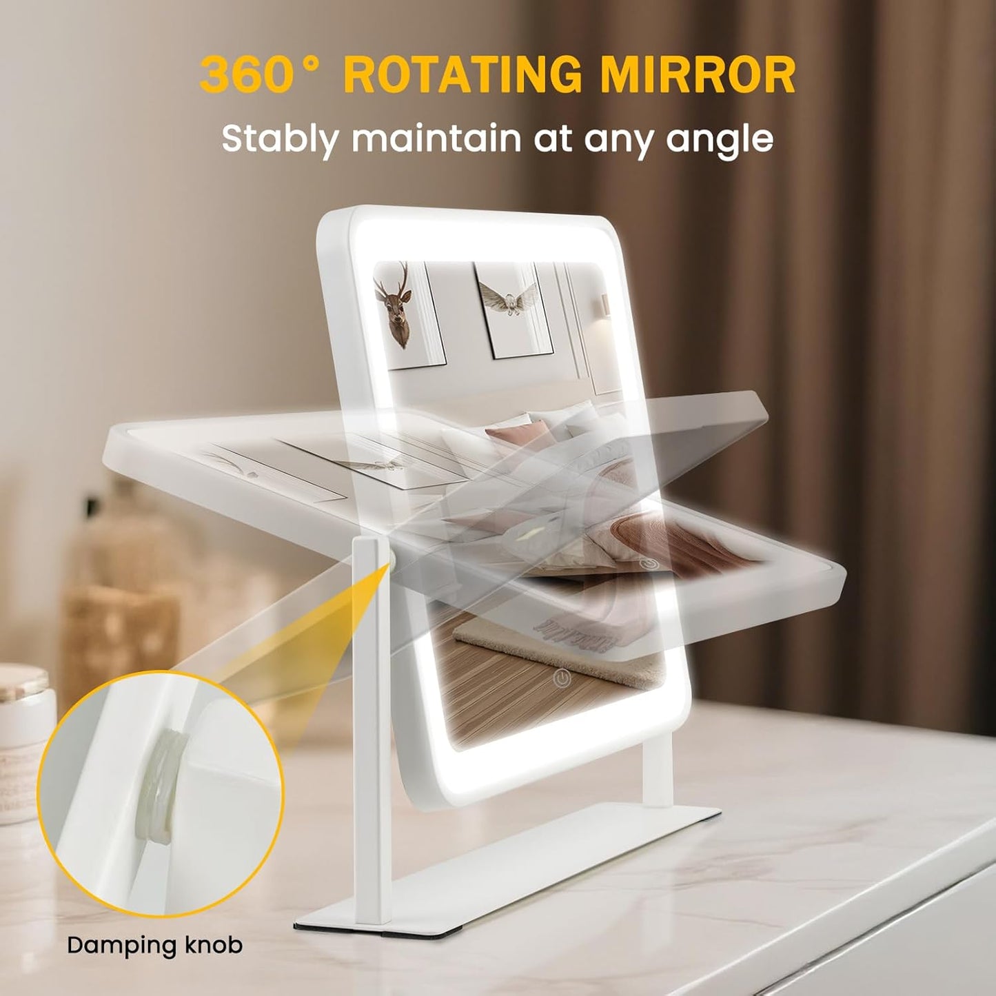 LED Makeup Mirror with Lights - 14"×12" HD Vanity Mirror | Smart Touch, 3-Color Lighting, Dimmable, 360° Rotation, White
