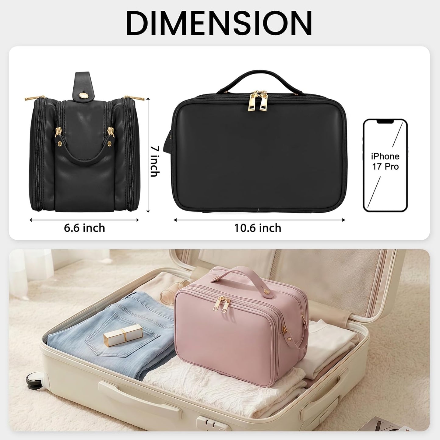 Travel Makeup Bag - Large Capacity Waterproof Organizer | Vertical Free-Standing Design, Easy Access - Black