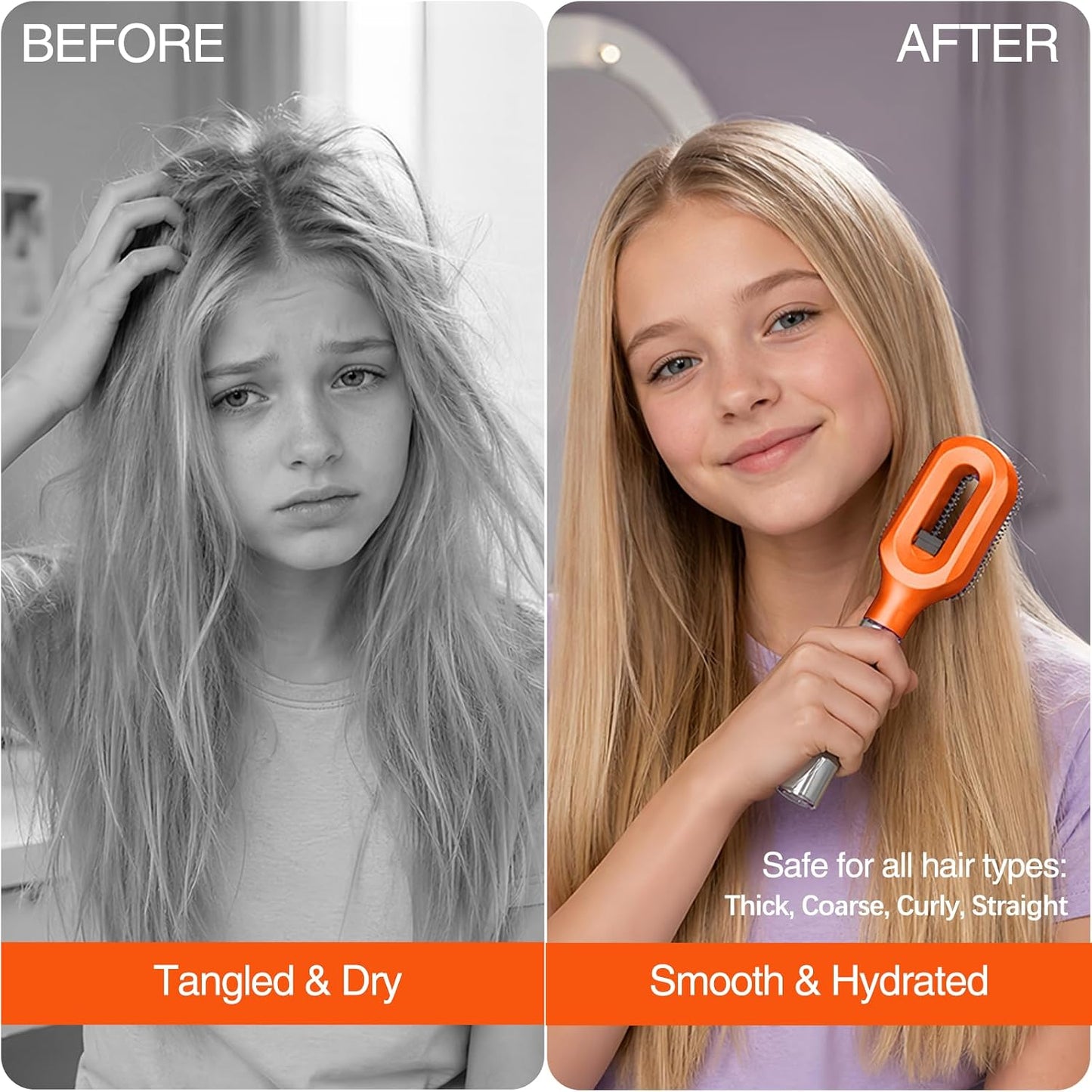 Detangling Hair Brush with Water Spray - Portable Fine Mist Tool for Curly Thick Hair | Lightweight Wet & Dry Styling, Orange