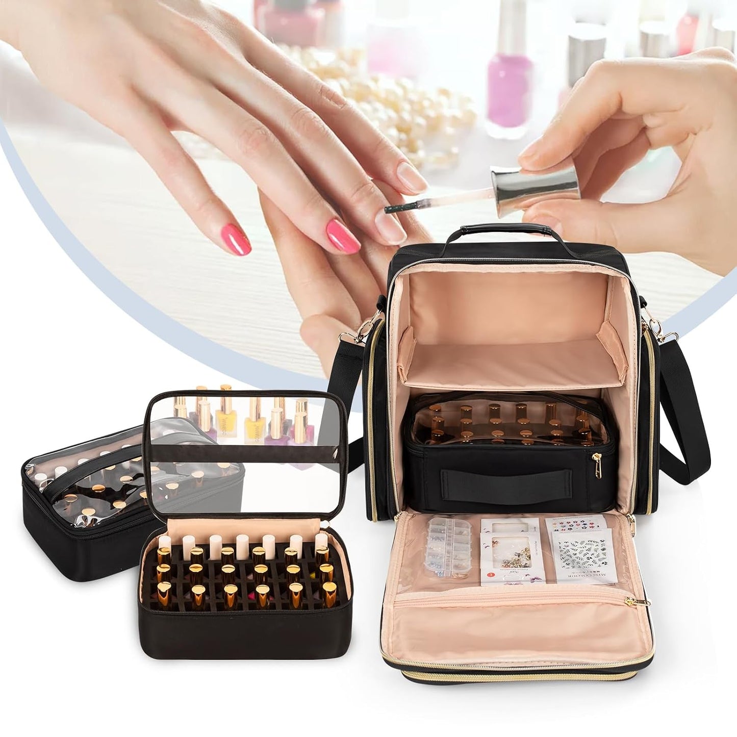 Nail Polish Organizer - Holds 75+ Bottles & Lamp | Manicure Tools Storage Bag - Black