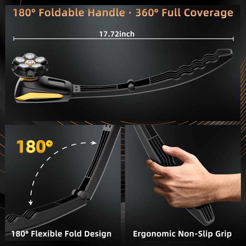 Electric Back Shaver for Men - Long Foldable Handle Back Razor with 6D No-Scratch Shaving - Self-Service Waterproof Grooming Kit for Body, Beard &Head Hair Removal, Gifts for Him (Matte Black)