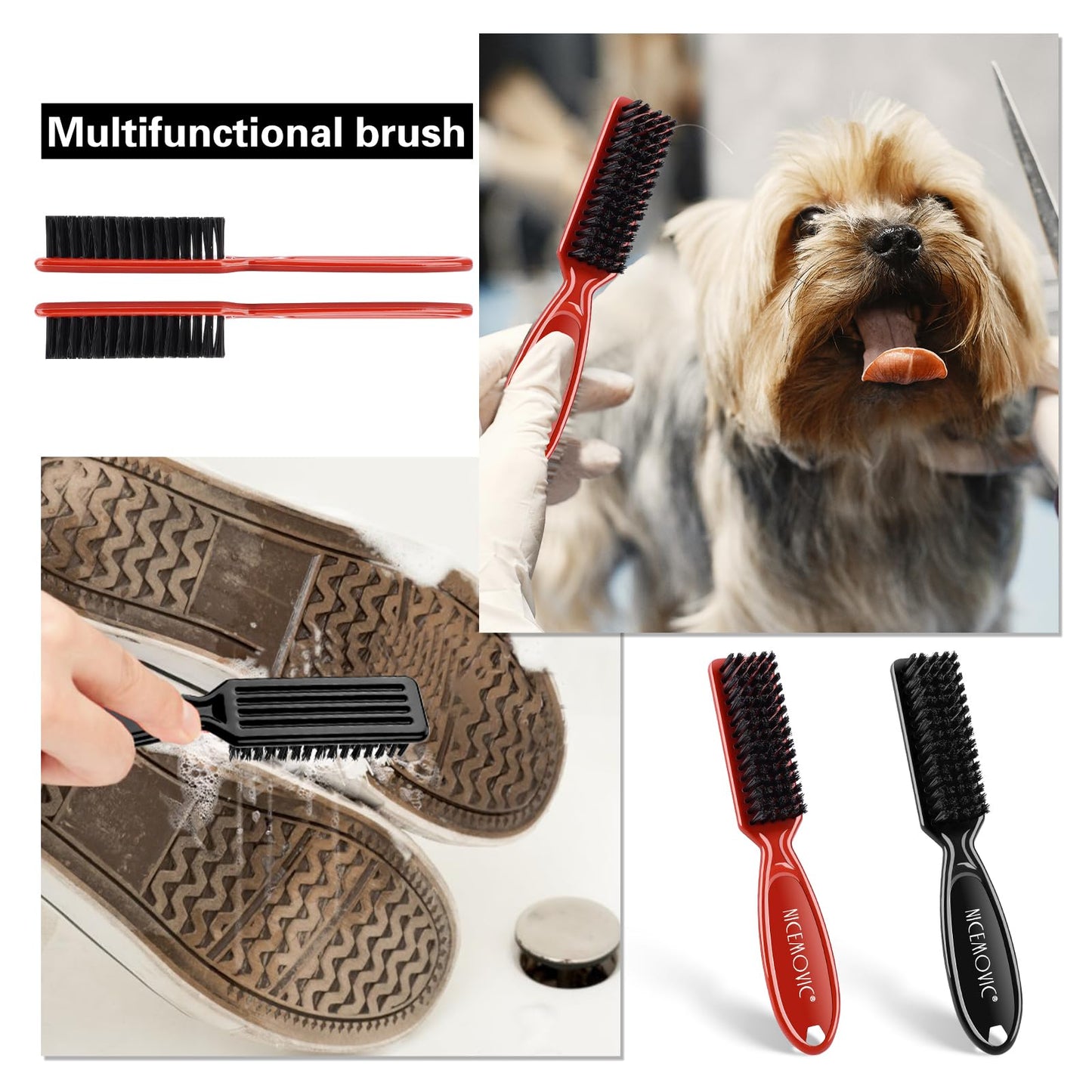 NICEMOVIC Barber Clipper Cleaning Brushes, 10 Pcs Plastic Handle Nylon Bristles, Anti-Slip Handle Mini Brush Bulk Set, Duster Manicure Brush for Hair Styling Tools, Kitchen Sink, Shoes (Black&Red)