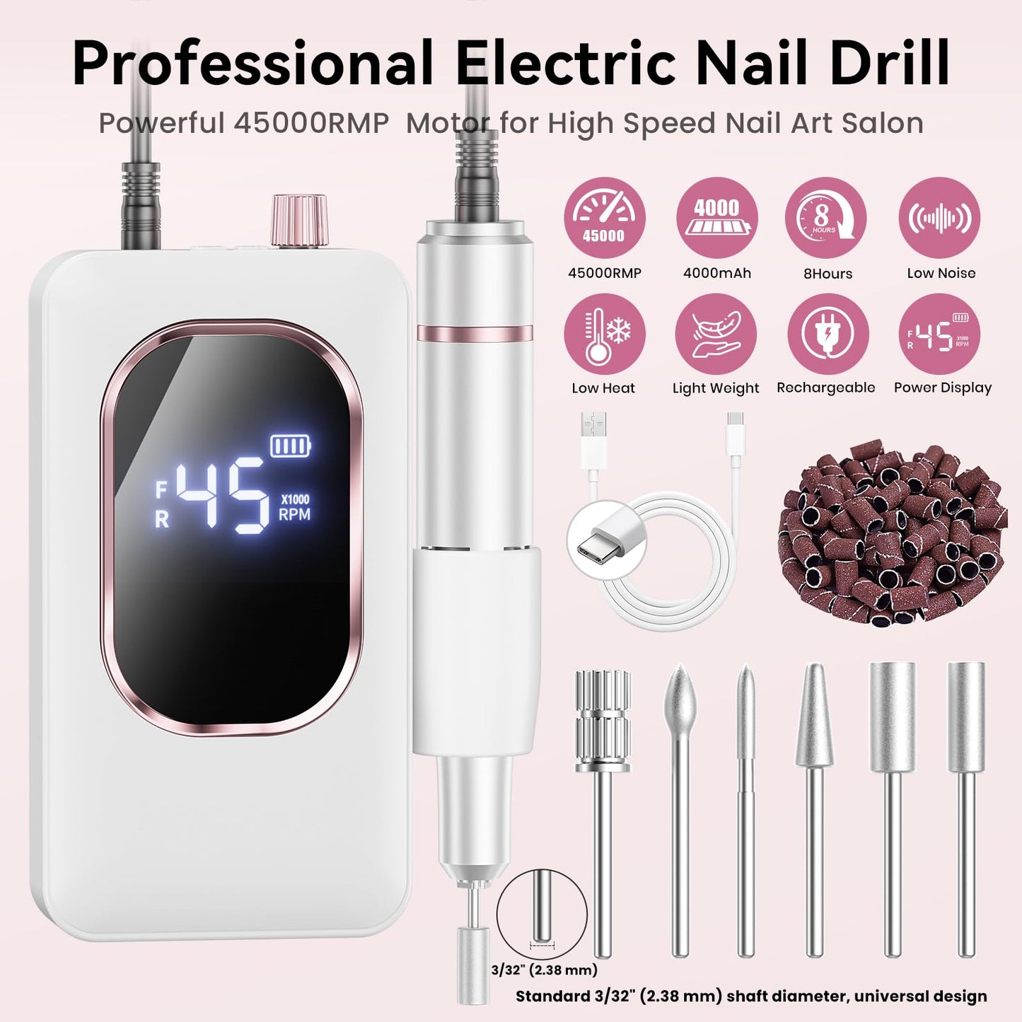 Professional Electric Nail Drill 45000RPM, Portable Nail File for Acrylic Gel Nails, Cordless Rechargeable Salon-Grade Ultra Power Nail Drill Kit for Shaping, Polishing & Removing Gel Nails