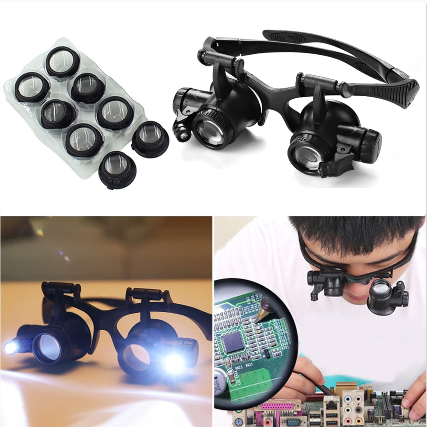LXIANGN LED Head Mount Magnifier 10X 15X 20X 25X Hands-Free Magnifying Glass Headband Magnifier Visor with Light for Close Work,Jewelry,Craft,Watch,Hobby,Not for Reading