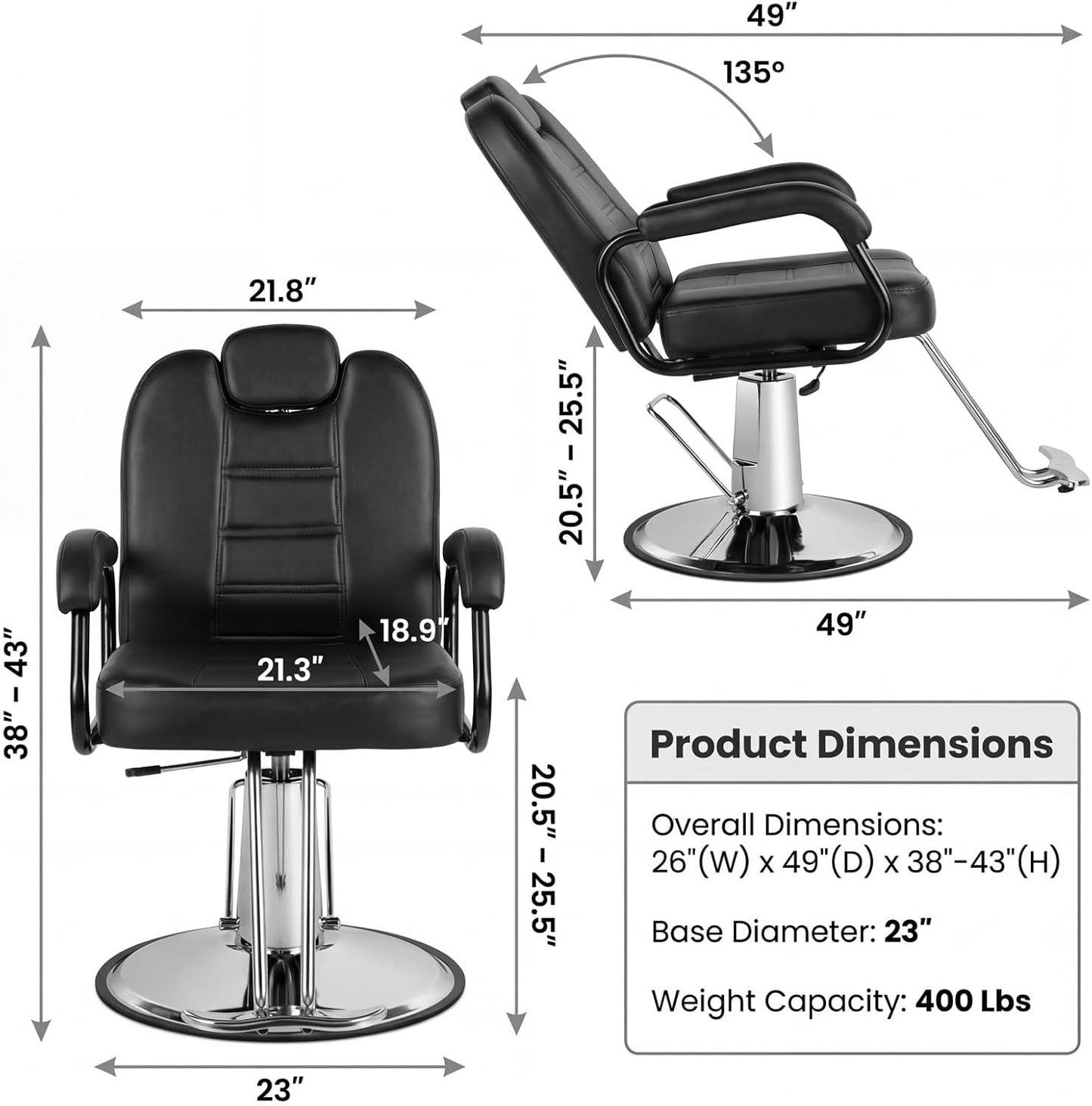 Heavy Duty Hydraulic Barber Chair - Extra Wide Reclining Salon Furniture | Black