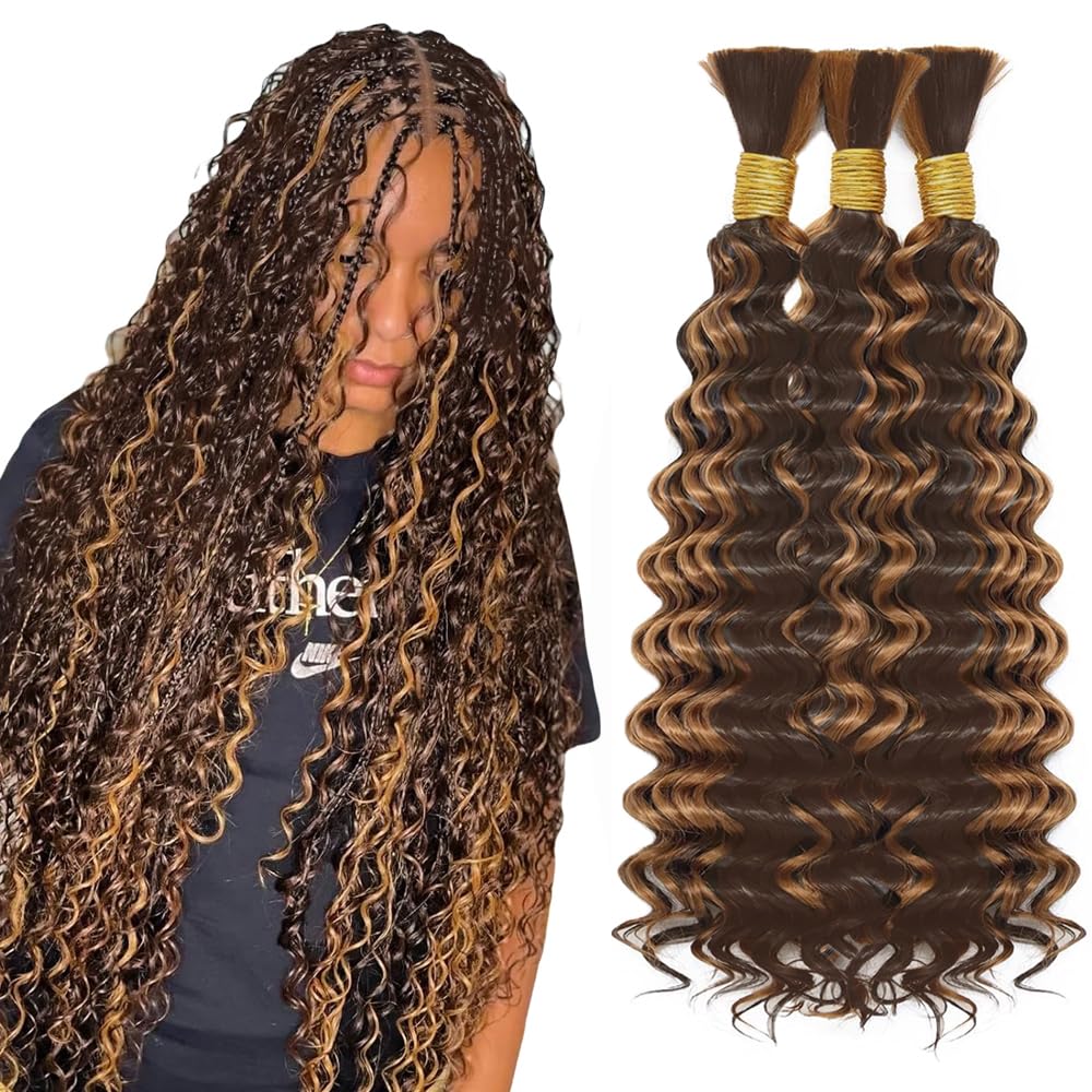 34 34 34 Inch P4/30 Boho Human Hair Braiding Highlight Brown Human Braiding Hair For Boho Braids Deep Wave P4/30 Braids Chocolate Brown Bundles 150g