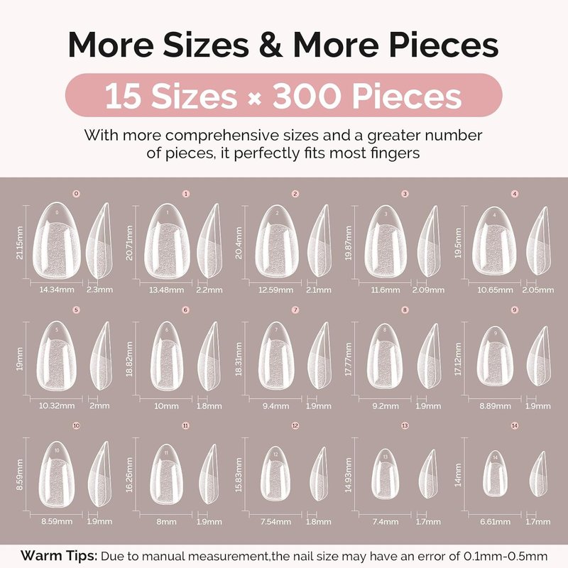 Short Almond Gel Nail Tips Kit - 300 Pcs Pre-Built Apex Fake Nails | Half Matte Full Cover Acrylic, Strong & Long-Lasting