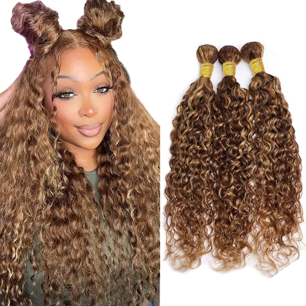 28 30 32 Inch Honey Blonde Bundles Human Hair P4/27 Water Wave Bundle Brazilian Virgin Hair 3 Bundles Highlight Water Wave Bundle