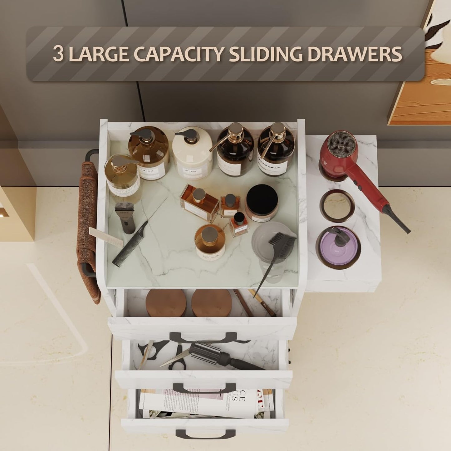 Salon Storage Trolley Cart - Rolling Barber Station with Toughened Glass Top & Lockable Wheels | White Marble Finish