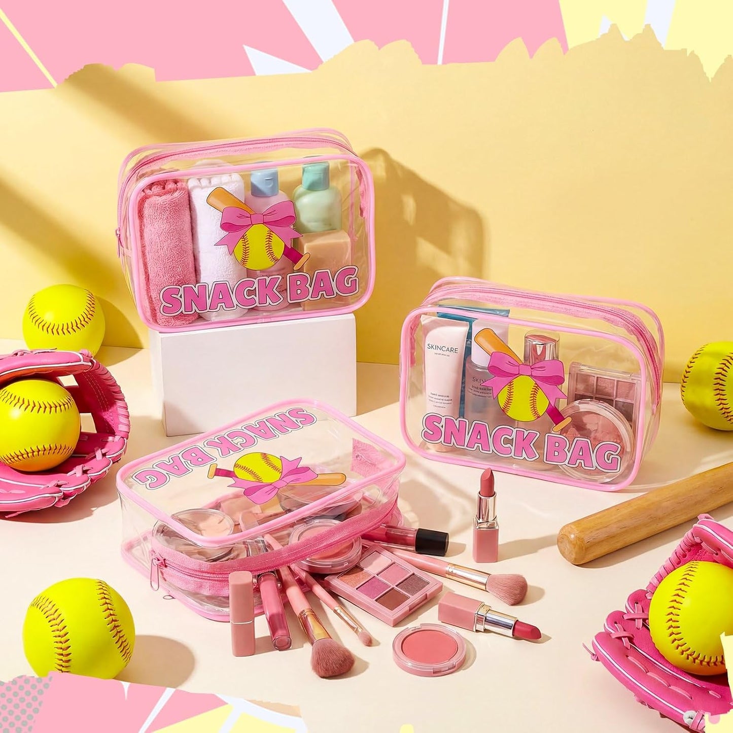 Softball Party Favors - 12 Pink Bow Snack Bags for Girls | Goodie Bags for Birthdays & Back to School, 7.09 x 4.72 x 2.36 Inch
