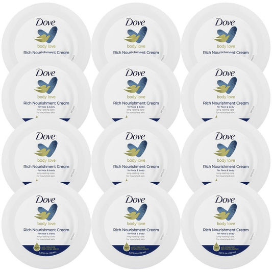 Dove Body Love Rich Nourishment Cream, Face, Hand and Skin Lotion for Extremely Dry Skin, Fast-Absorbing 72-Hour Moisturizing Formula with Ceramide Serum, 5.07 FL OZ (Pack of 12)