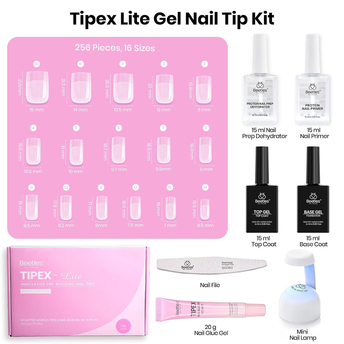 Beetles Nail Prep Dehydrator & Primer Kit - 256PCS Short Square Nails | Mini UV Lamp & Solid Glue
