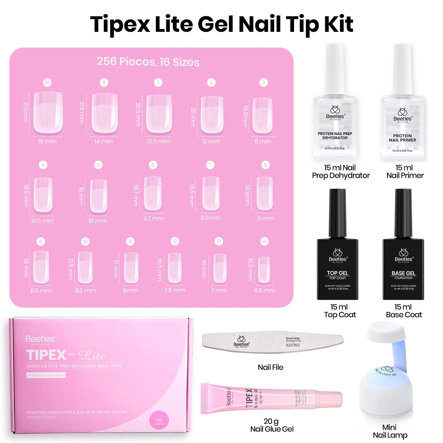 Beetles Tipex Lite Kit with Nail Prep Dehydrator & Primer, Short Square, 256PCS 16 Sizes, Mini UV Lamp, 20g Solid Glue, Base & Top Coat, All-in-one DIY Starter Kit