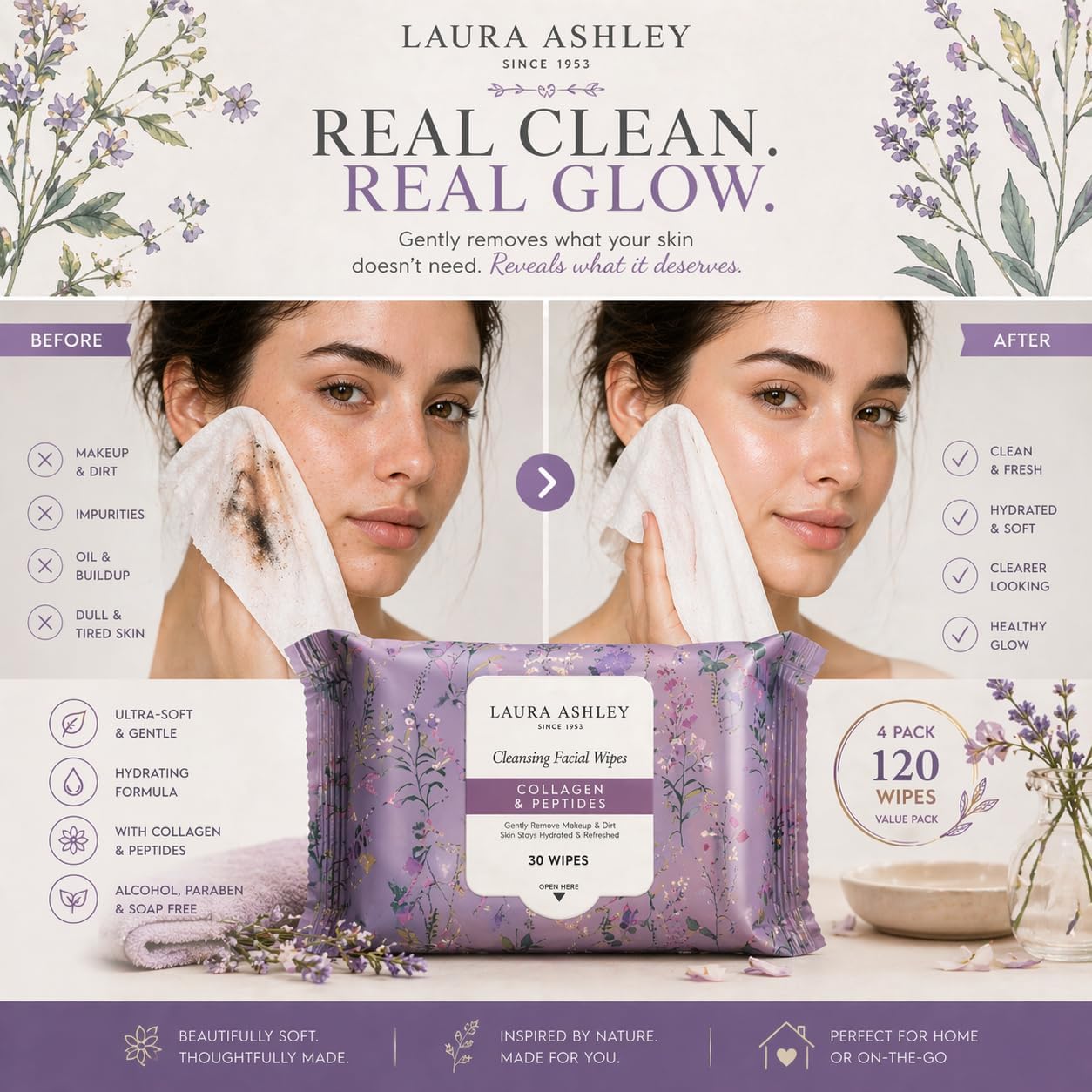 Laura Ashley Face Wipes - Cleansing Makeup Remover with Vitamin C & Retinol | 4 Pack, 120 Pcs