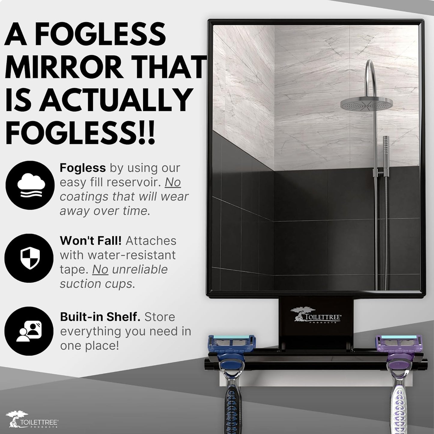 Fogless Shower Mirror - Adjustable Anti-Fog Bathroom Mirror with Squeegee | Rust-Proof, Impact-Resistant Design