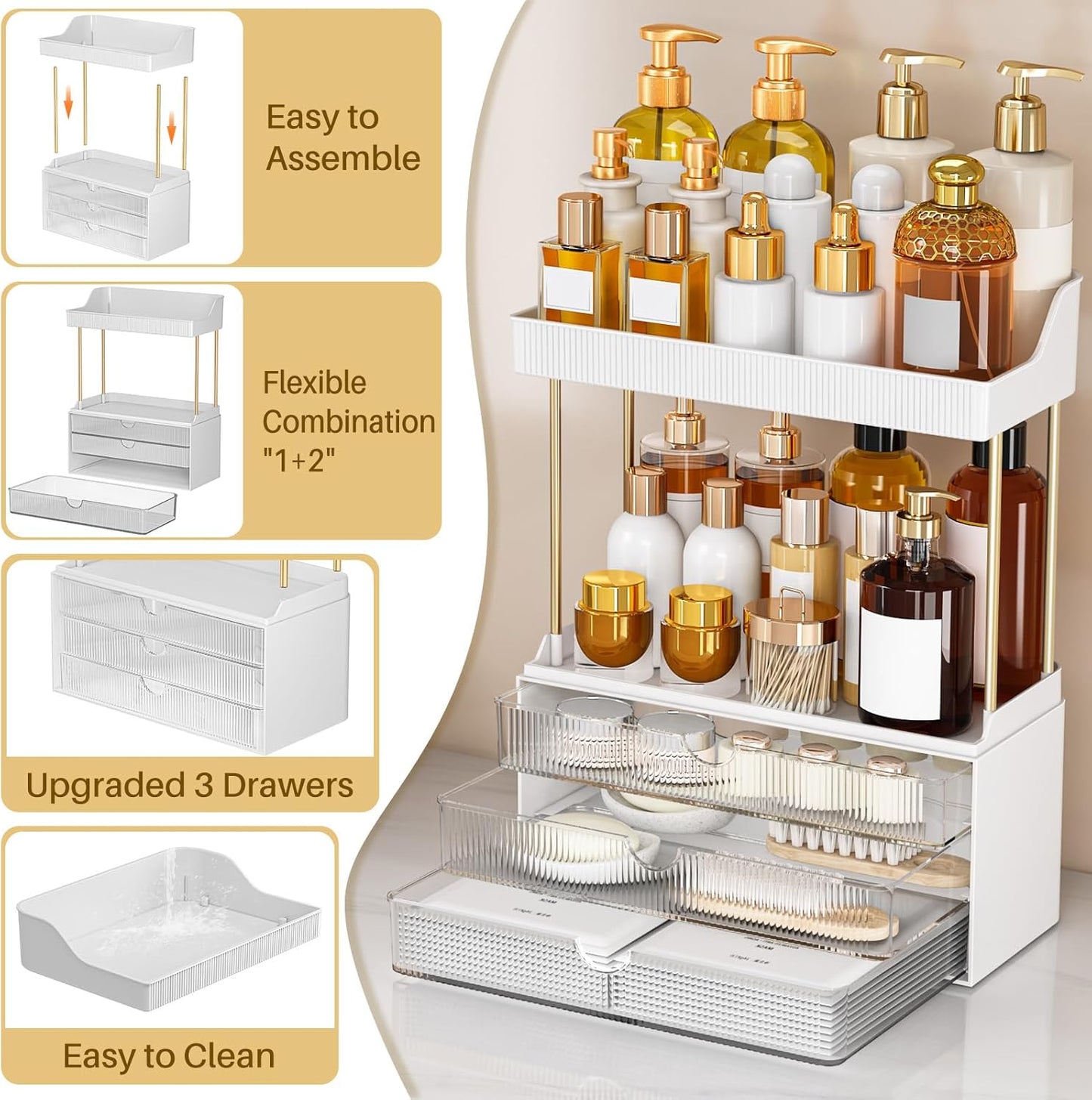 Bathroom Counter Organizer - 2 Pack Makeup Storage with 3 Drawers | Clear Cosmetic Drawer for Vanity & Dresser