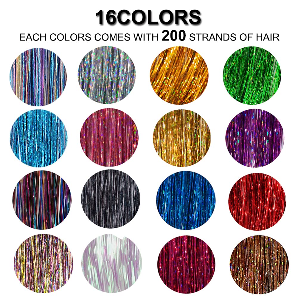 Hair Tinsel 16 Colors 3200 Strands Glitter Tinsel Hair Extensions Kit with Tools Heat Resistant Sparkling Shiny Fairy Hair Accessories for Girl Kid Women 50 Inch