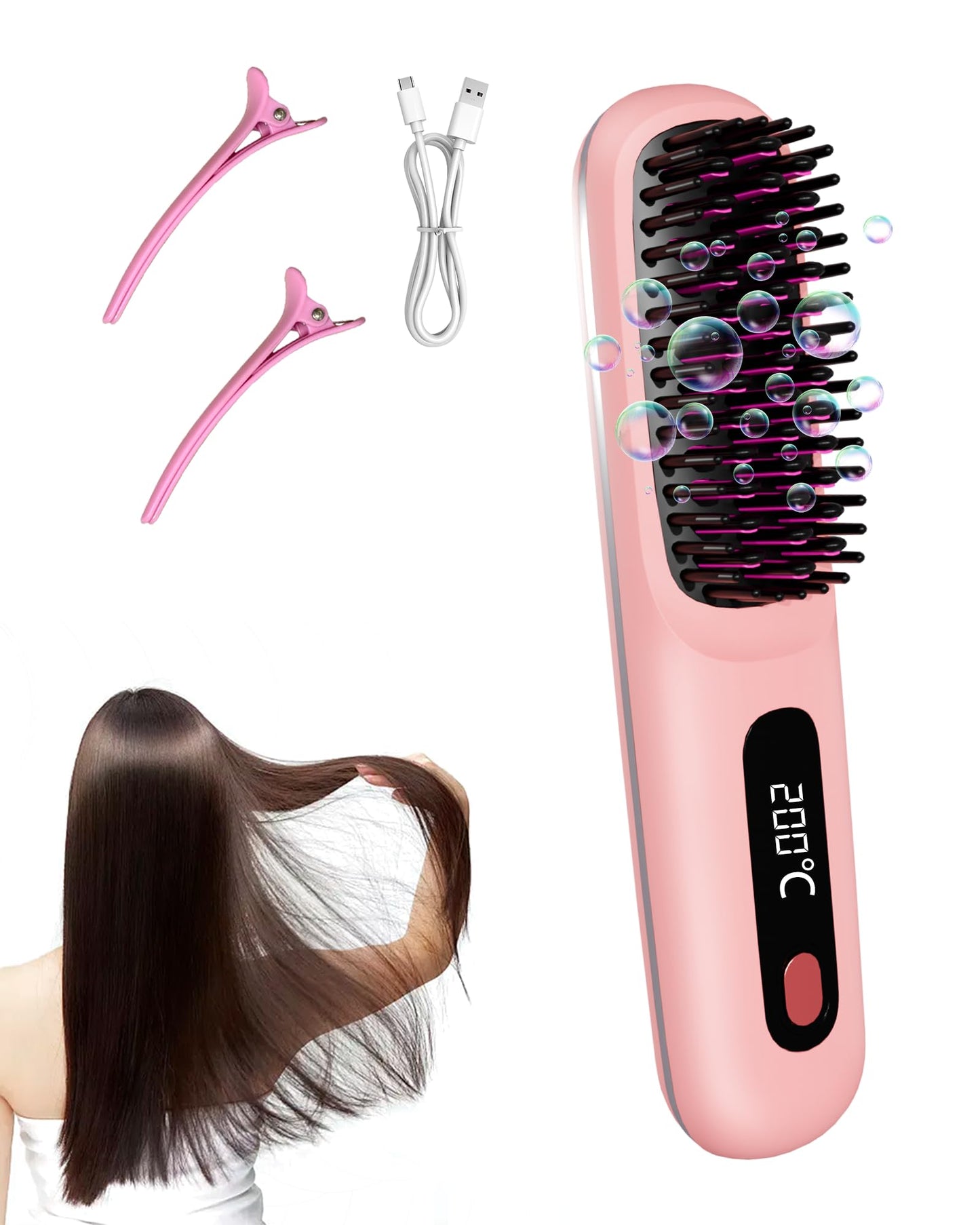 Go Brush Pro 2026 for Short Hair, Portable Straightener Brushs for Travel, with LCD Temperature Display, Fast Heating Cordless Mini Hair Brushs (Pink)