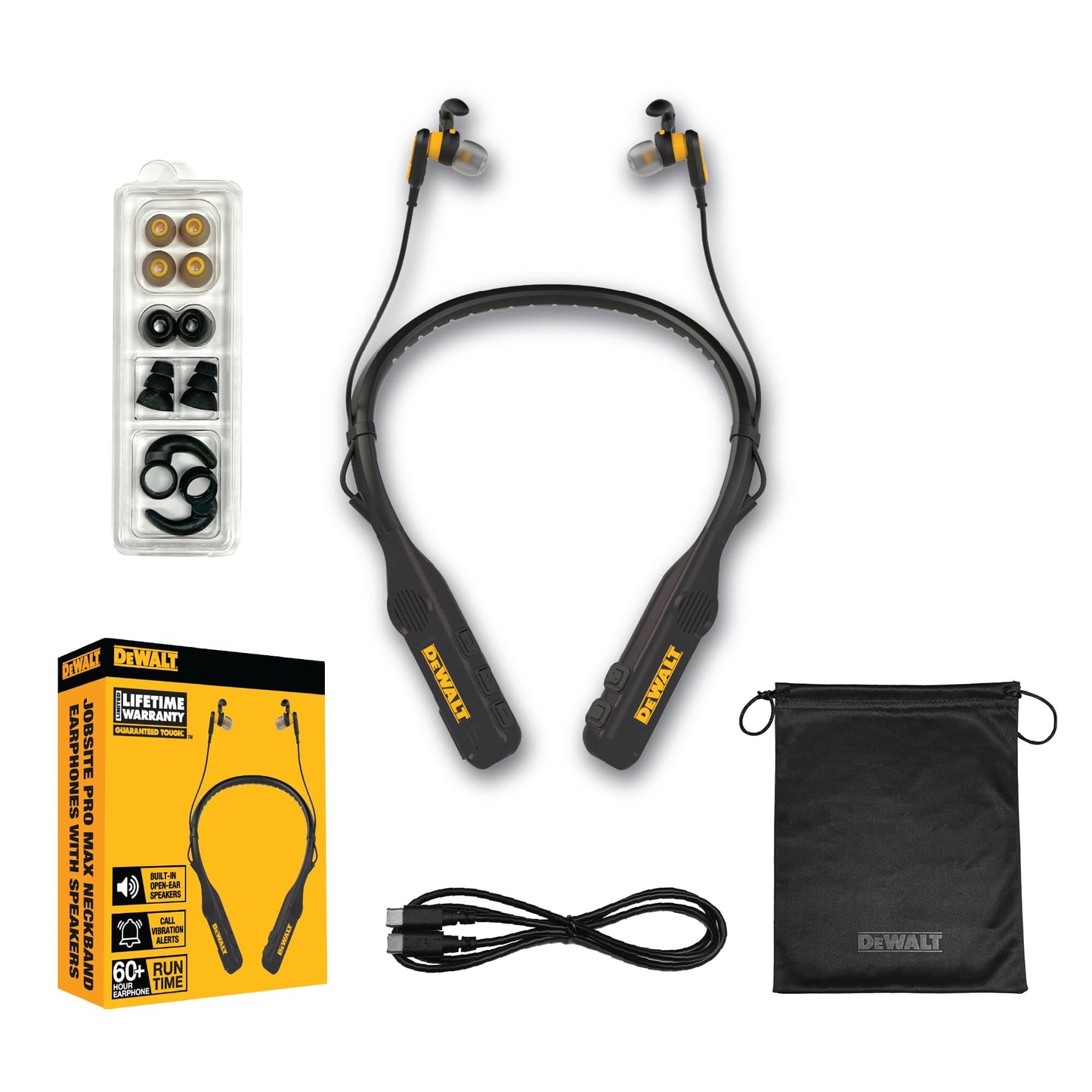 DEWALT Heavy Duty Black Edition 2-in-1 Neckband Bluetooth Headphones w/Built-in Speakers, Jobsite Wearable Speaker & Around Neck, Wireless Headset, 60+ Hrs Hands-Free Music & Calls, Carry Pouch