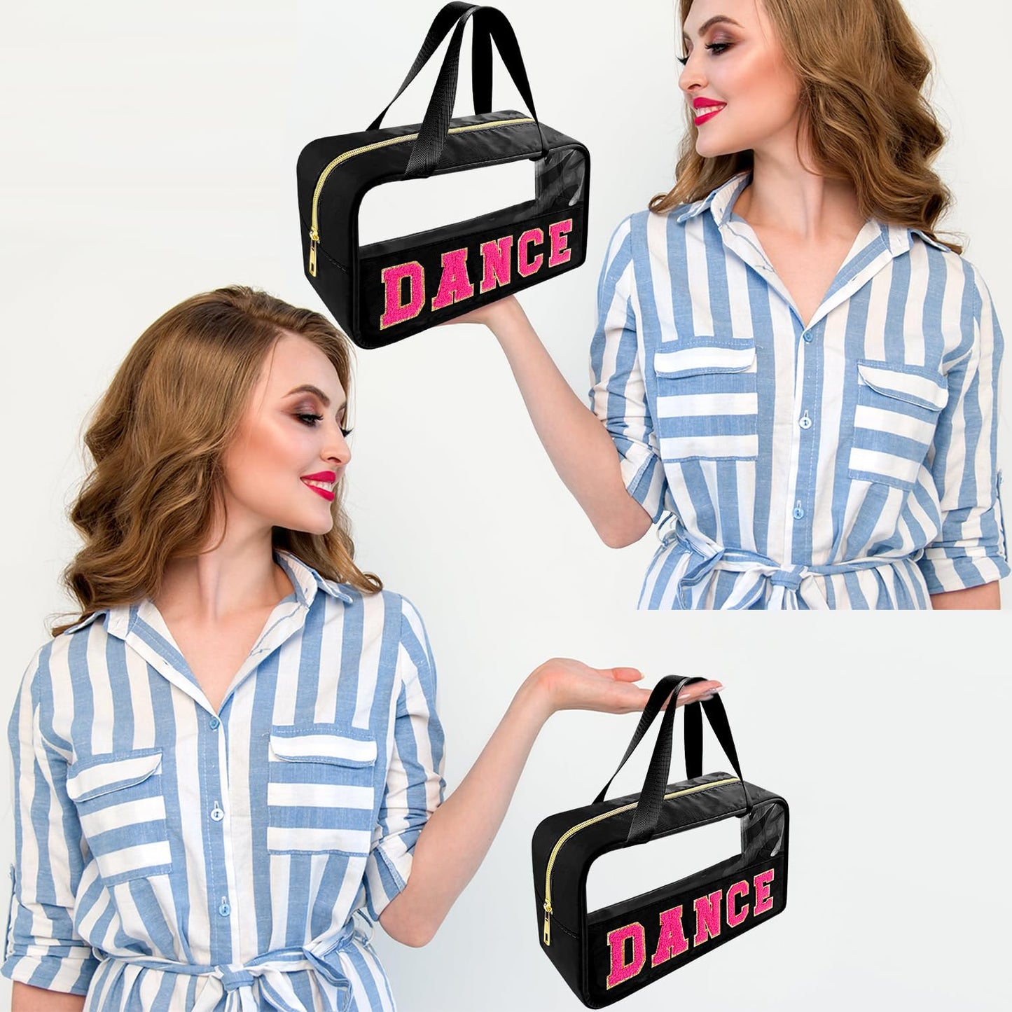 Bunliuys Chenille Letter Clear Makeup Bag Dance Patch, Travel Toiletry Makeup Bag with Handle, Nylon Waterproof Makeup Bags clear cosmetic bag, preppy patch makeup bag for Women (DANCE-Black)