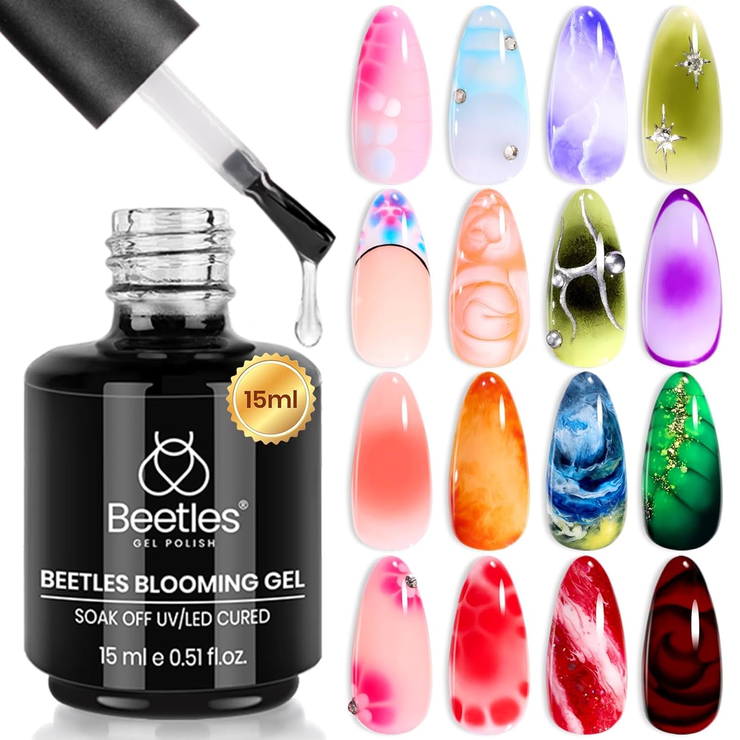Beetles Blooming Gel - 15ml Clear UV LED Nail Polish for Marble Floral Design | Soak Off DIY Manicure